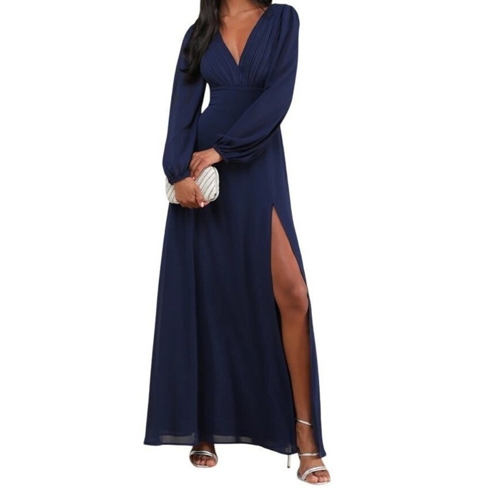 Lulus Navy Long Sleeve Maxi Dress Slit Wedding Guest Formal Evening L